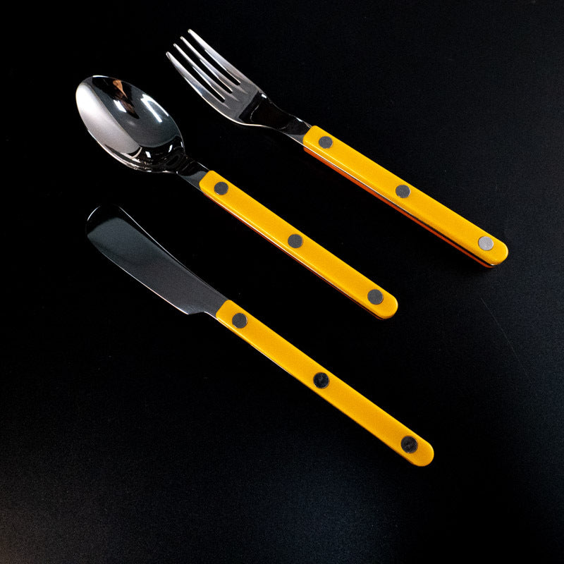 304Mirror Finish Western Tableware Set Color Block Two-Tone Handle Butter Knife Fork Spoon Clip Handle Steak Dessert Spoon Fork