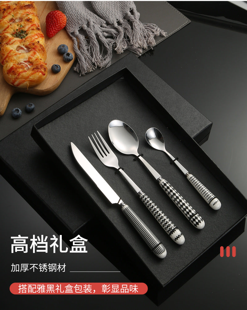 410Stainless Steel Cutlery Restaurant Creative Hepburn Style Ceramic Handle Knife Fork Spoon Tea Spoon Set Western Steak Knife Fork