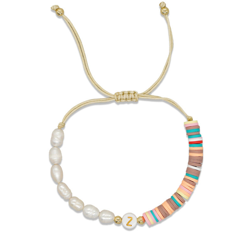 Imitation pearl26Letter Bracelet Bohemian Casual Vacation Bracelet Gold Beads Stretchable Soft Clay Woven Bracelet
