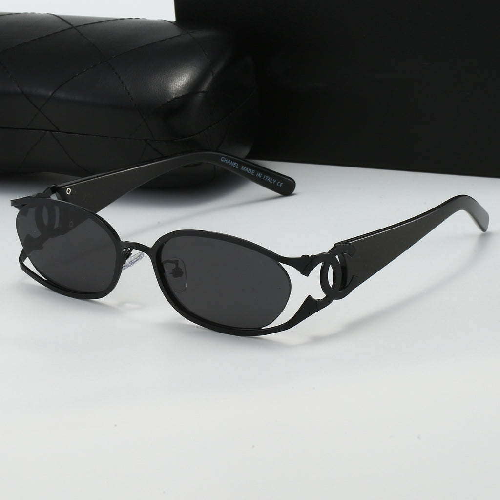 Chanel Style Double C Letter Sunglasses Metal Frame gold Hollow Temple Sunglasses for Women Oval Vintage Style Fashionable