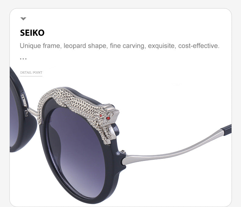 2025New Anti-Blue Light Glasses for Women Leopard Head Diamond-Studded European and American Round Frame Sunglasses Trendy Large Frame Sunglasses High-End Feel