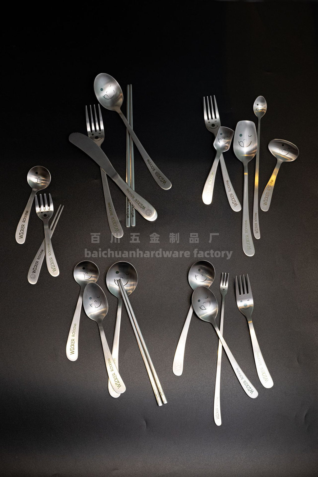 304Stainless Steel Creative Smiley Face Slanted Handle Laser Spoon Chopsticks Fork Student Tableware Full Set Gift Children's Tableware