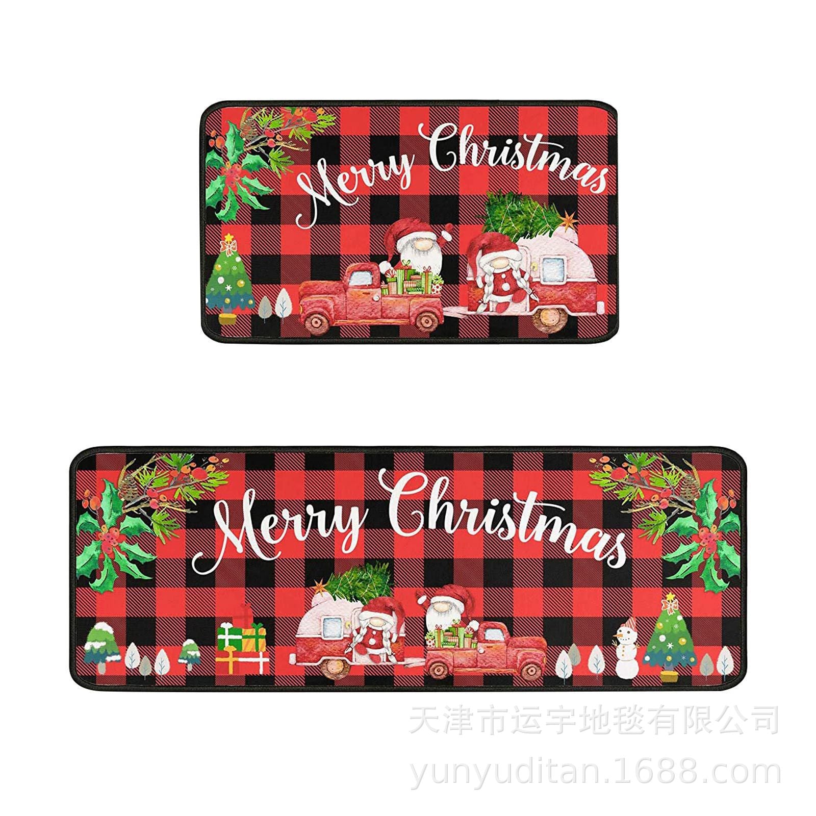 Christmas Kitchen Floor Mat Two-Piece Set Crystal Velvet Water-Absorbent Oil-Absorbent Non-Slip Foot Mat Holiday Decorative Floor Mat