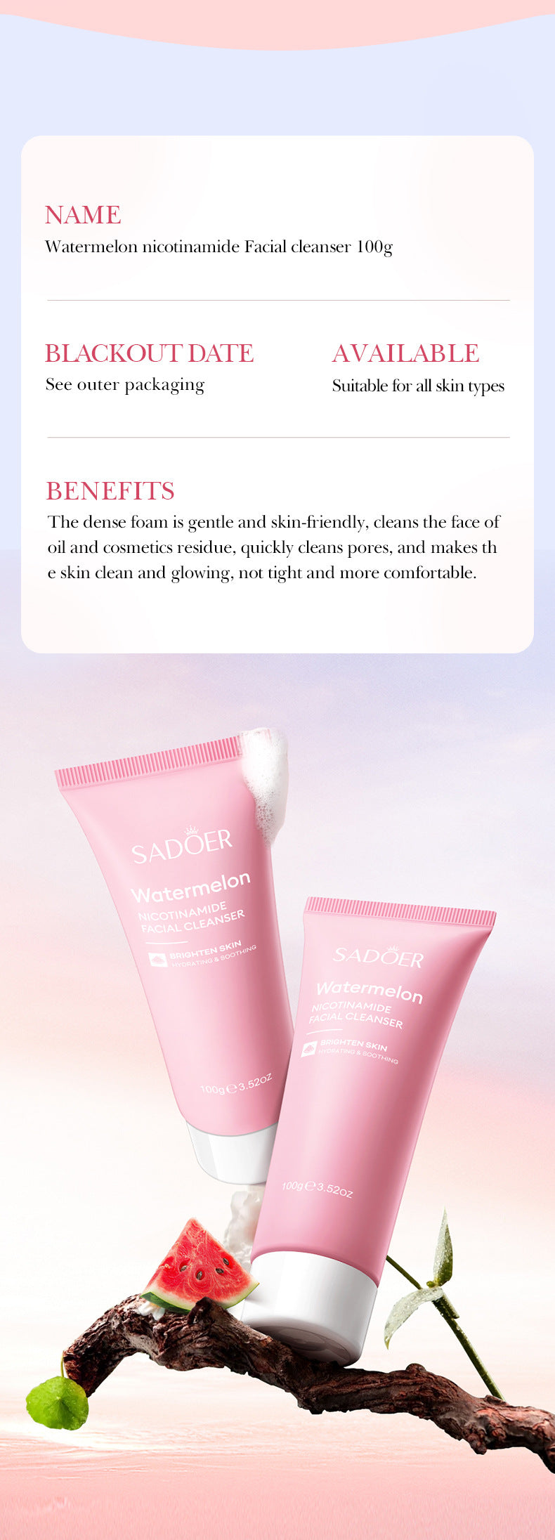 Niacinamide Watermelon Facial Cleanser SADOER Deep Cleansing Facial Cleanser Cross-Border Wholesale