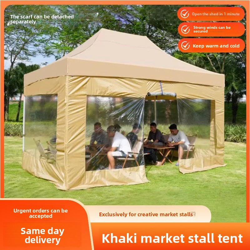 Outdoor Market Stall Four-Corner Tent with Enclosure Windproof and Warm Night Market Foldable Four-Legged Rain Shelter Tent Umbrella