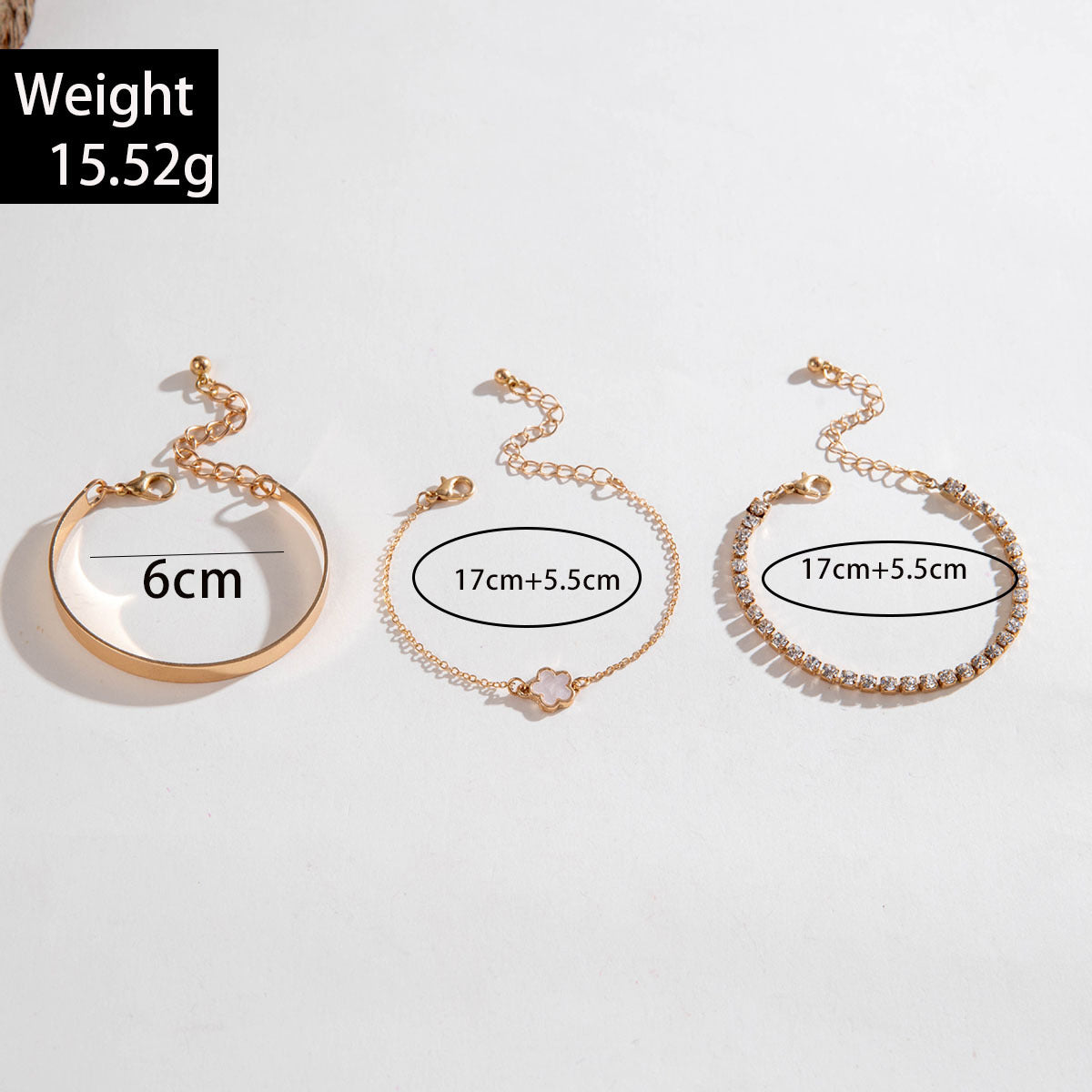 European and American Fashion Alloy Inlaid Diamond Five-Leaf Clover Bracelet Jewelry Three-Piece Set Simple Geometric Smooth Bracelet Wholesale