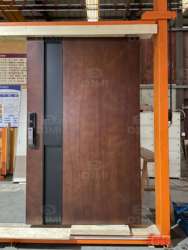 Villa Home Outdoor Timber Door for House Gong groove Line Carving Solid Wood Front Entry Pivot Door with Black Long Handle
