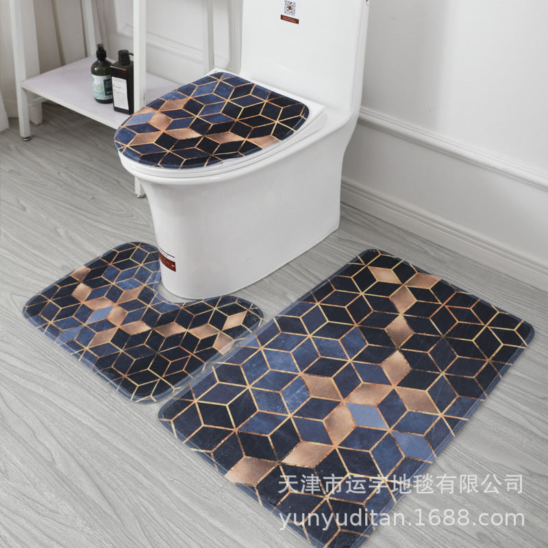 Coral Fleece Toilet Three-Piece Set Bathroom Mat Flannel Water Absorption Non-Slip Foot Mat Manufacturer Label