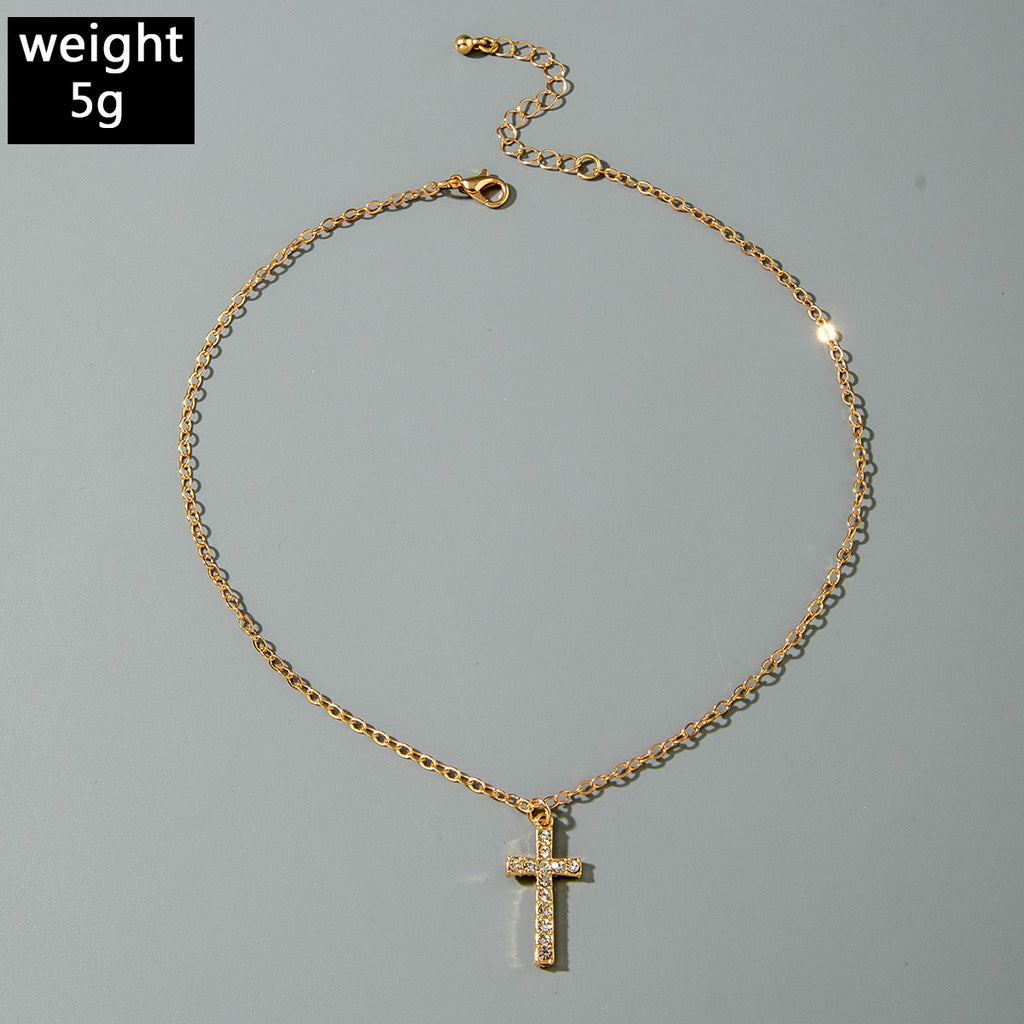 European and American Retro Hollow Diamond Cross Pendant Necklace Gothic Style Black Layered Wear Y Type Necklace