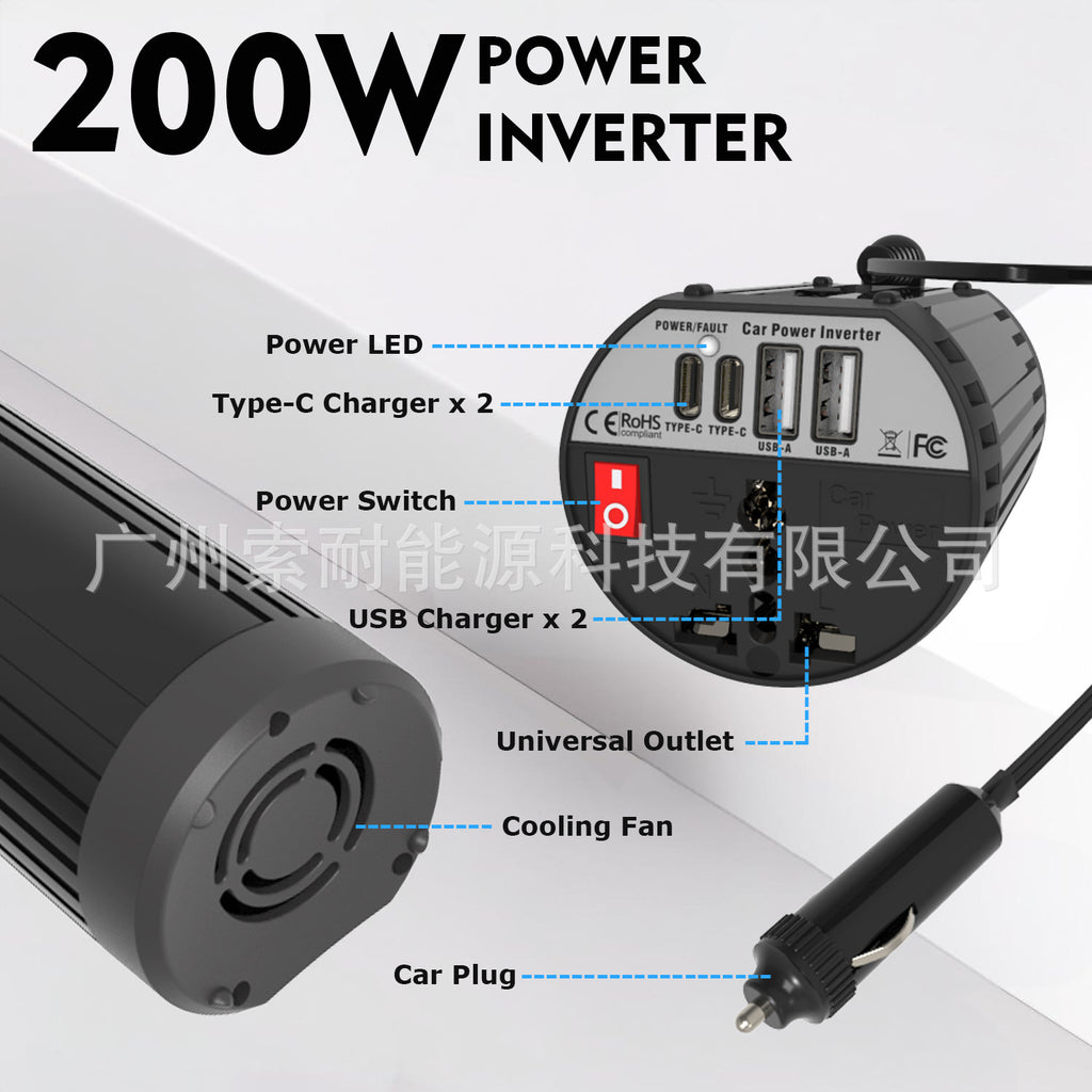 Hot Selling Car Inverter200W 12V Turn110V220V Double USB Type-C Cup Type inverter