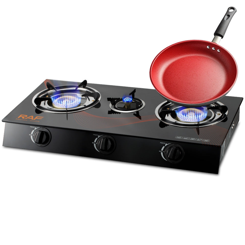 RAF Tabletop Flameout Protection Glass Rotating Fire Intense Gas Stove Three Burners Household Liquefied Gas Stove R.8052