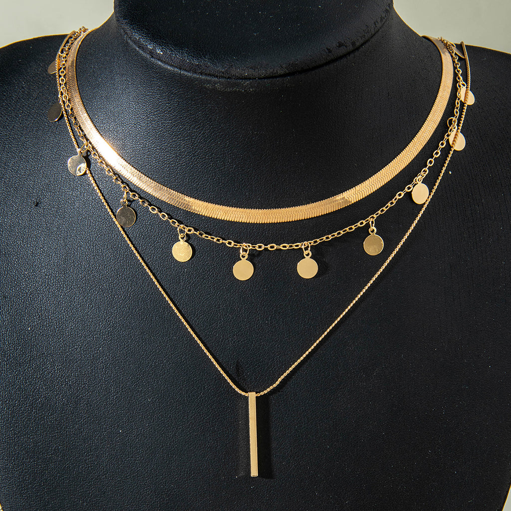 European and American Fashion Collarbone Chain Round Pendant Tassel Multi-layer Stacking Necklace Layered One-word Necklace3Set