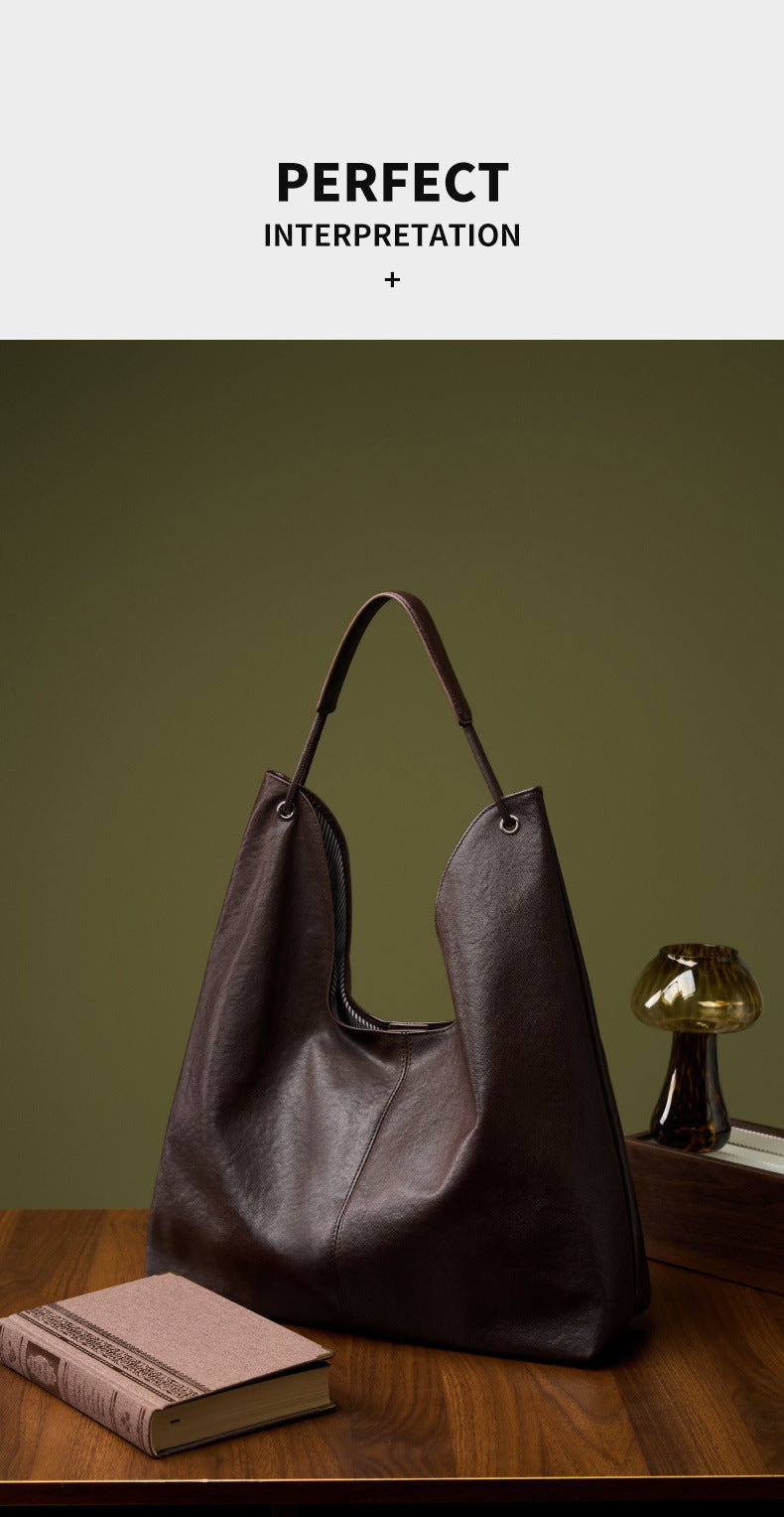 New Vegetable-Tanned Leather Trendy Large-Capacity Textured Tote Bag Versatile Shoulder Bag for Class and Commuting