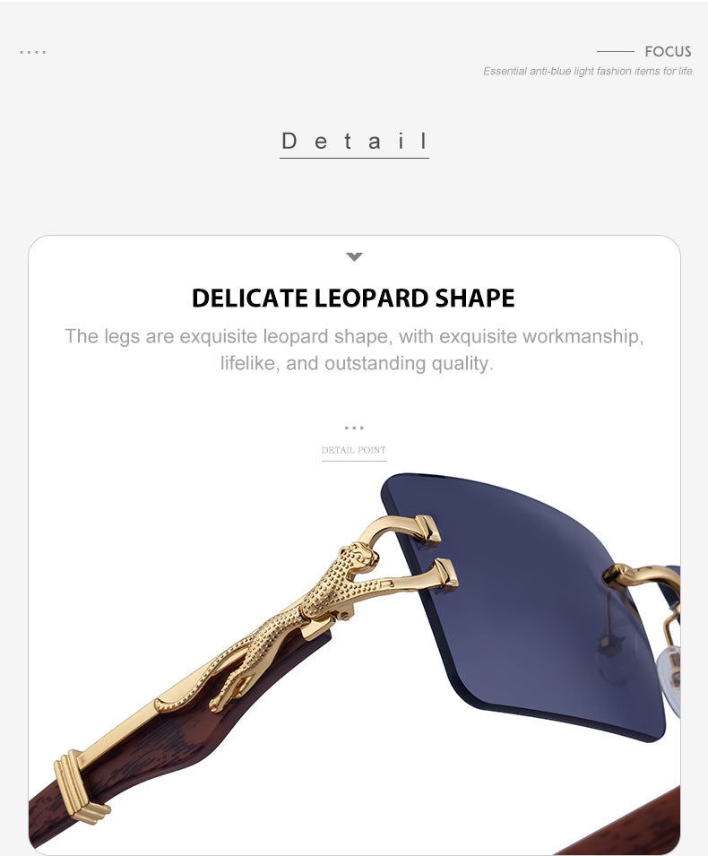 Vintage Rimless Sunglasses for Women with Leopard Wood Grain Temples, Square Frame Sunglasses for Men, Trendy Eyewear shades