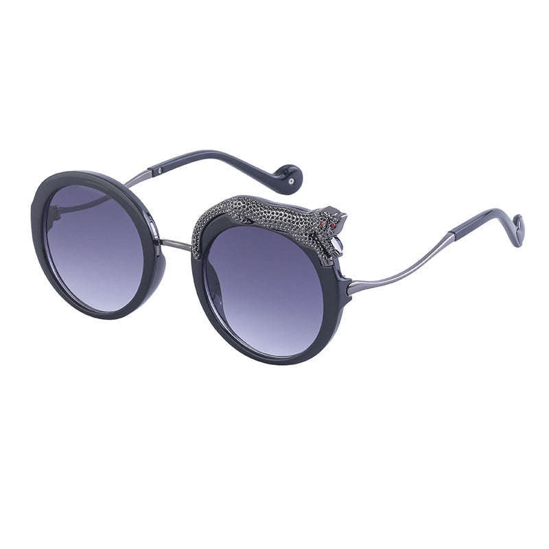 2025New Anti-Blue Light Glasses for Women Leopard Head Diamond-Studded European and American Round Frame Sunglasses Trendy Large Frame Sunglasses High-End Feel