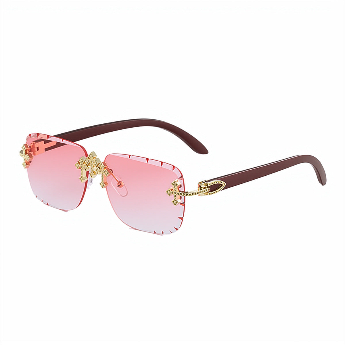 2025New European and American Retro Frameless Sunglasses for Men with Diamond Cut Edge and Imitation Wood Grain Temples Wholesale