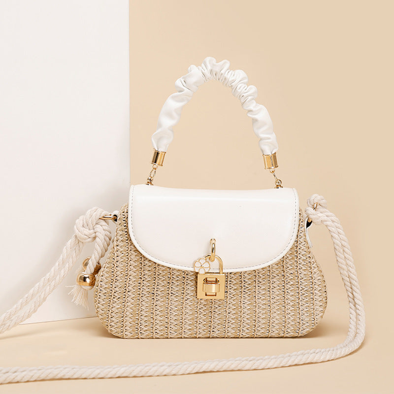 Summer New Style Straw Bag Fashion Box Bag Single Shoulder Crossbody Pleated Handbag Beach Vacation Ethnic Style Women's Bag