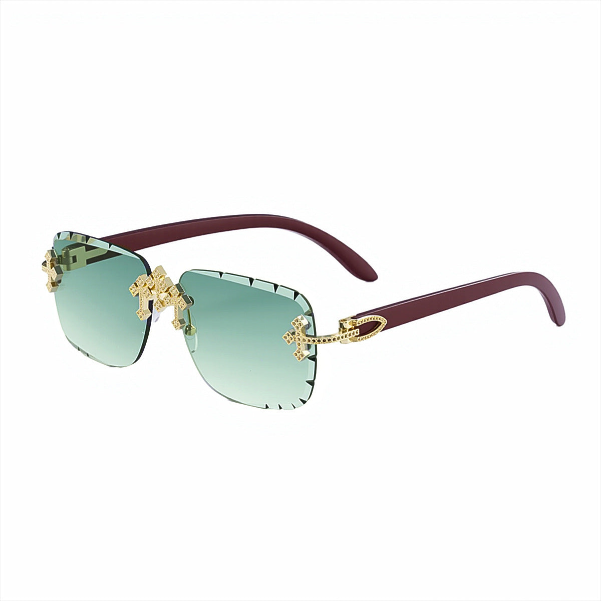 2025New European and American Retro Frameless Sunglasses for Men with Diamond Cut Edge and Imitation Wood Grain Temples Wholesale