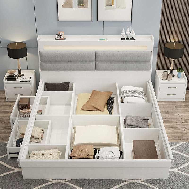 Fabric Bed1.5Small Apartment Master Bedroom Soft Pack Technology Fabric Modern Double Bed White Simple Solid Wood Storage Bed