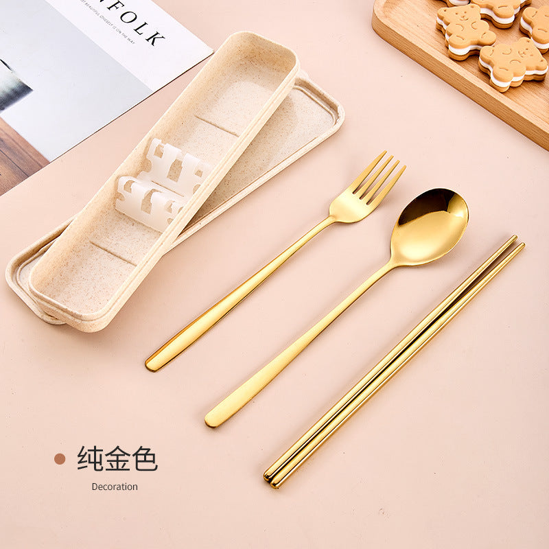 Stainless Steel Korean Portable Tableware Set Spoon Fork Chopsticks Three-Piece Set Student Travel Internet Celebrity Tableware