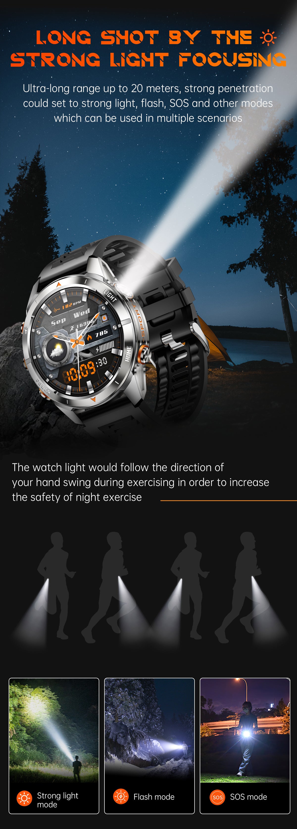KT80Smart Watch Bluetooth Call True Heart Rate Step Sleep Monitoring IP68Deep Waterproof Flashlight Three-Proof