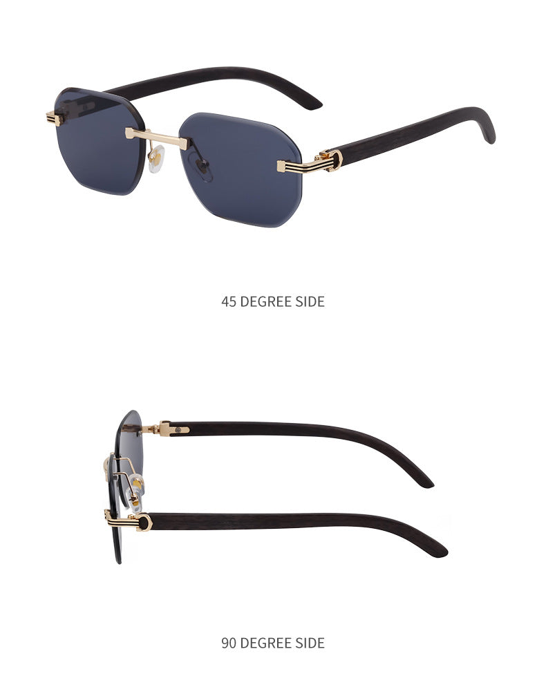 【Customization】Diamond Cut Rimless Glasses for Men, European and American Retro Style, Imitation Wood Grain Temple Sunglasses, Sun Protection Sunglasses