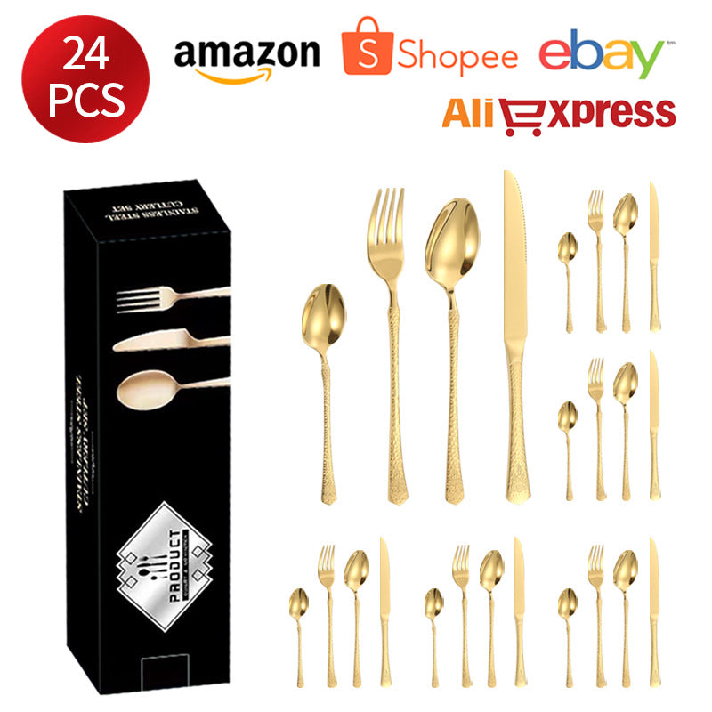 Stainless Steel Tableware Hotel Restaurant Crown Hammered Knife Fork Spoon24Set of Western Steak Knives and Forks