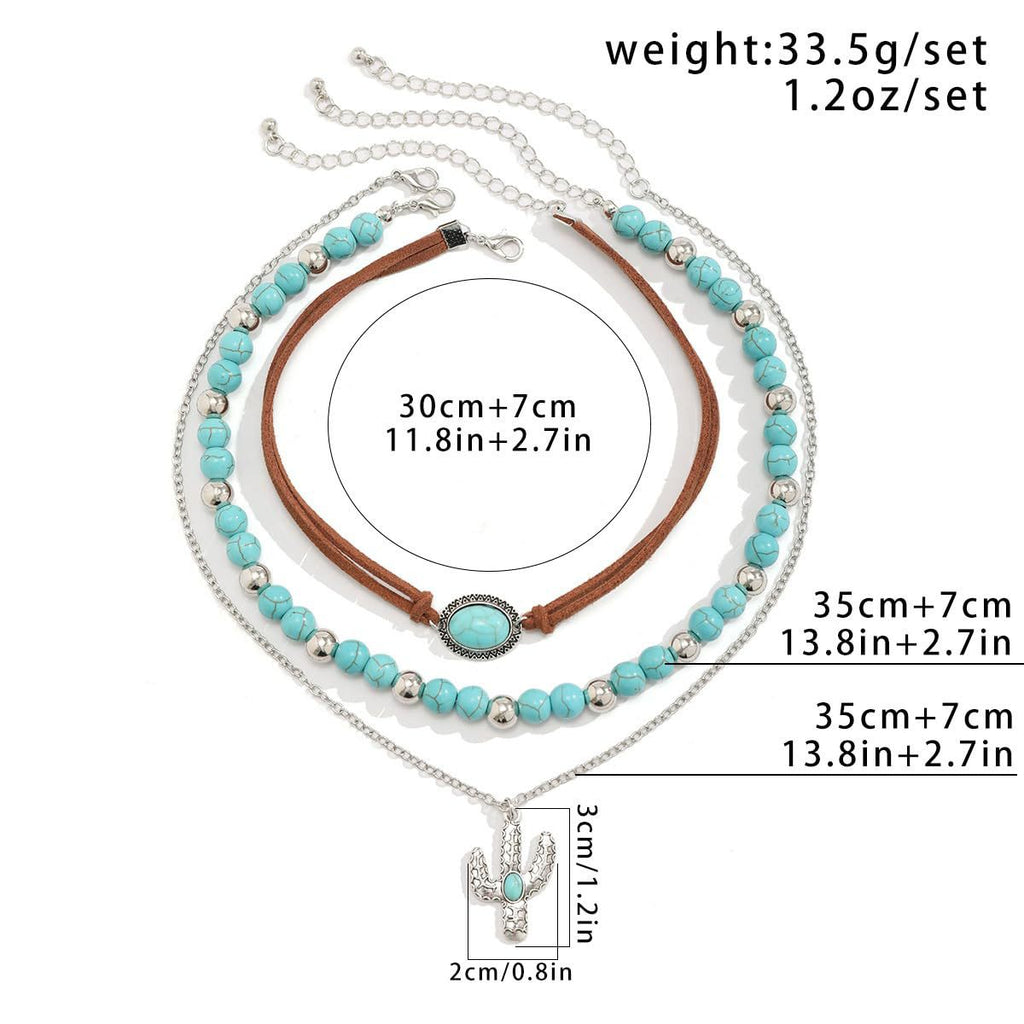 Western Cowboy Turquoise Necklace European and American Layered Necklace Set Cactus Boots Pendant Ethnic Style Retro Necklace