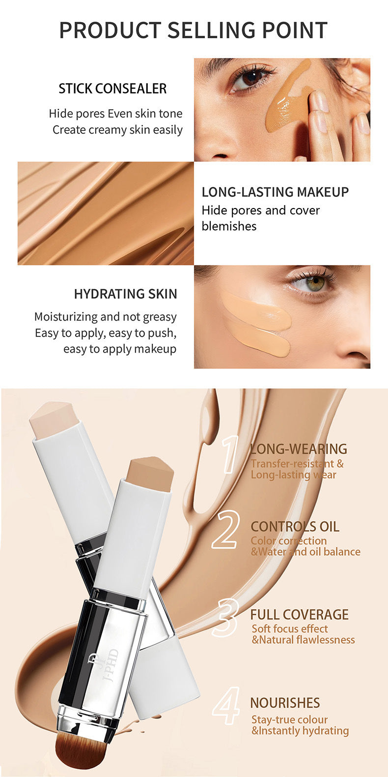 Spot Goods J-PHD 2-in-1 Foundation Stick13g Double-ended lightweight concealer foundation with brush, natural finish
