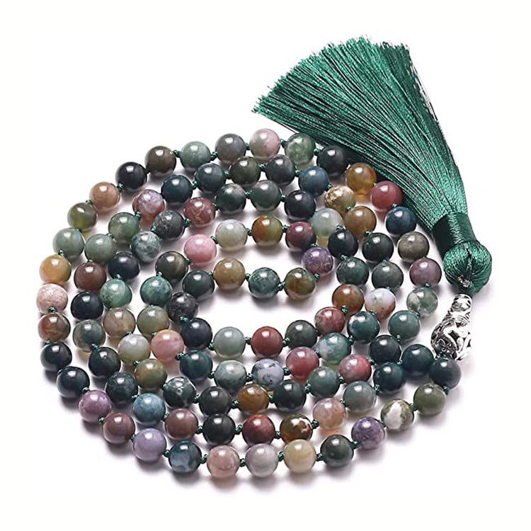 Men's Stone Tassel Long Bracelet108Beaded Bohemian Style Blue Agate Tassel Long Bracelet