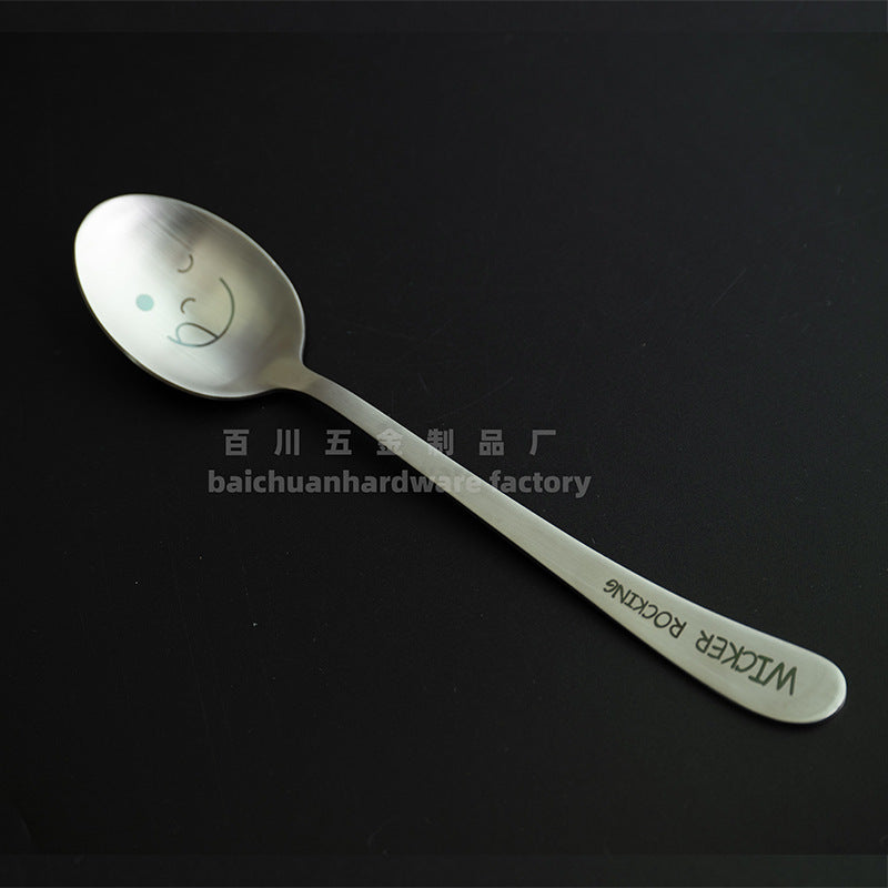 304Stainless Steel Creative Smiley Face Slanted Handle Laser Spoon Chopsticks Fork Student Tableware Full Set Gift Children's Tableware