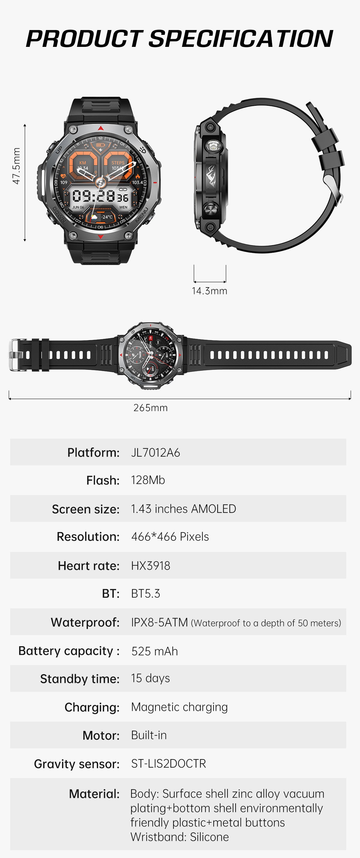 KT85Smart Watch Bluetooth Call True Heart Rate Step Count Sleep Monitoring Flashlight Deep Waterproof Sports Three-Proof