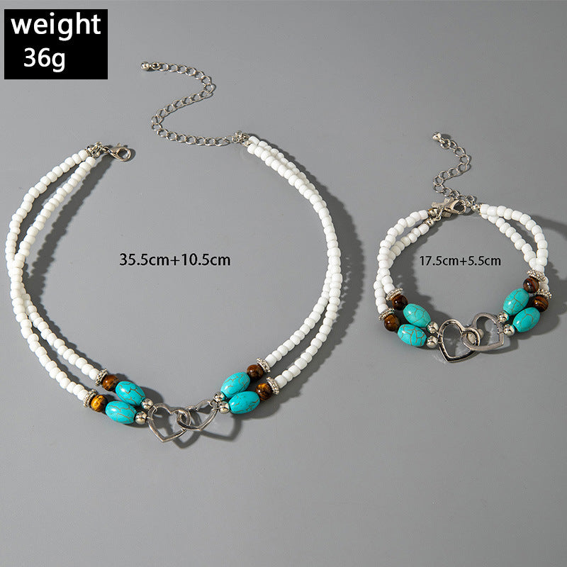 Wholesale Bohemian Vacation Style Rice Bead Turquoise Jewelry Set Metal Heart Jewelry