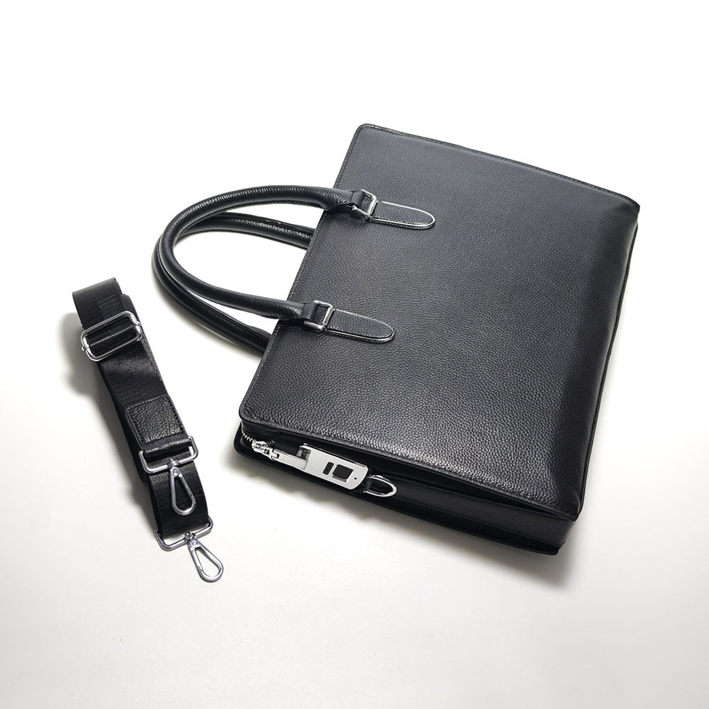 Business Trip Fingerprint Lock Handbag Men's Top Layer Cowhide Large Capacity High-end Feel Men's Business Commuting Genuine Leather Briefcase