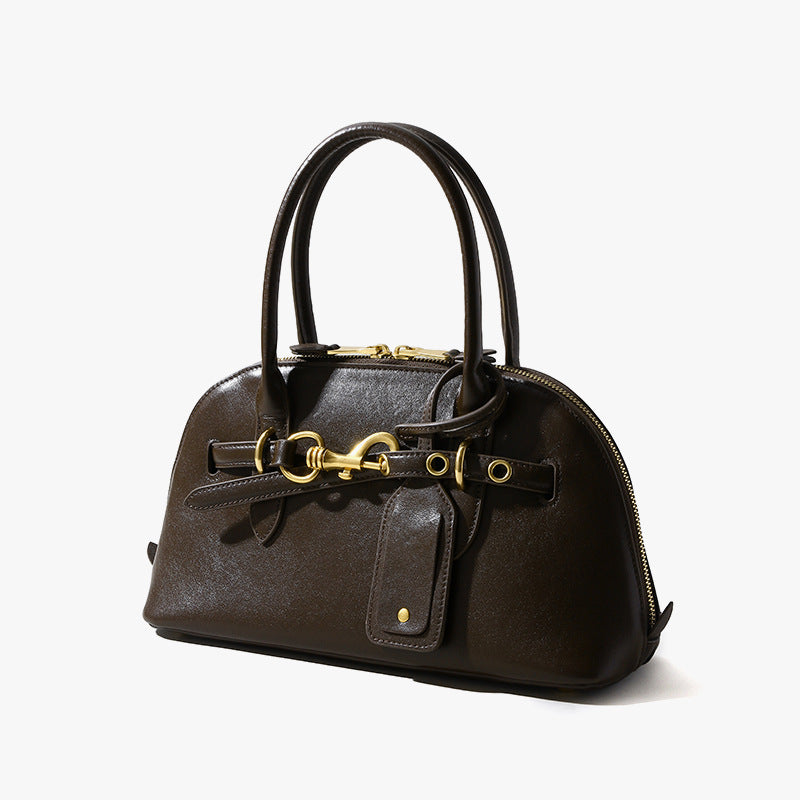 Miaojia Same Style European and American Retro Handbag Female Sense Top Layer Cowhide Crossbody Shell Bag Niche Boston Bag