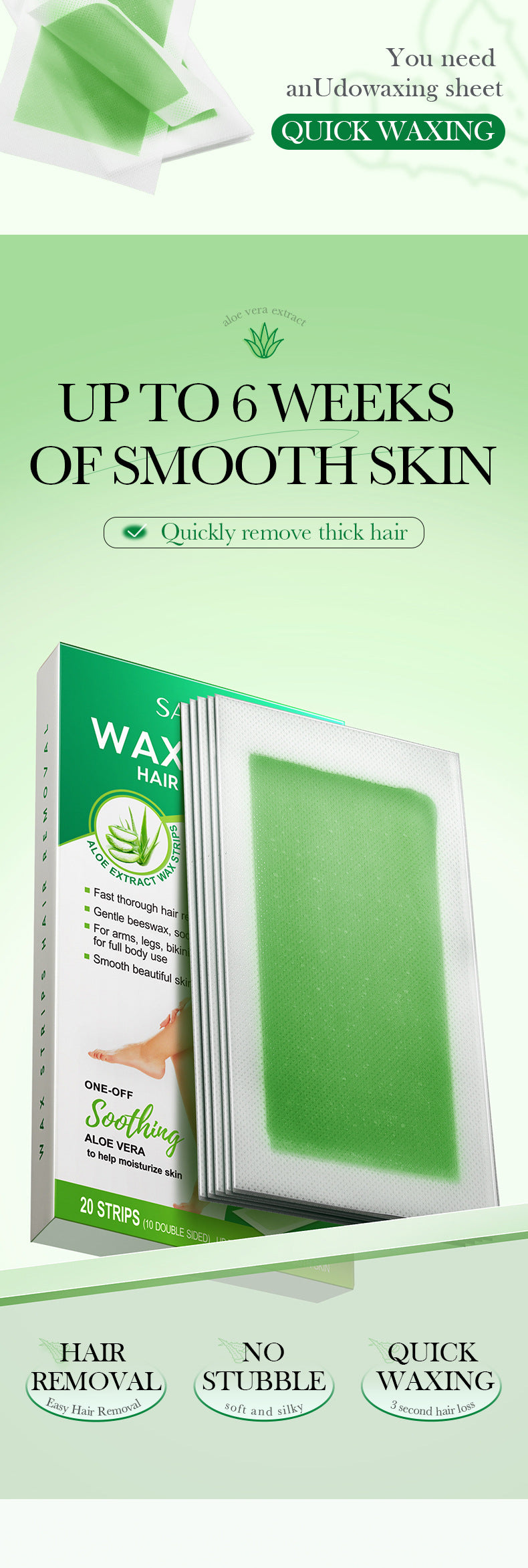 Aloe Vera Double-Sided Hair Removal Wax Paper SADOER Armpit Hair Leg Hair Body Hair Removal Hair Removal Cream  Wholesale