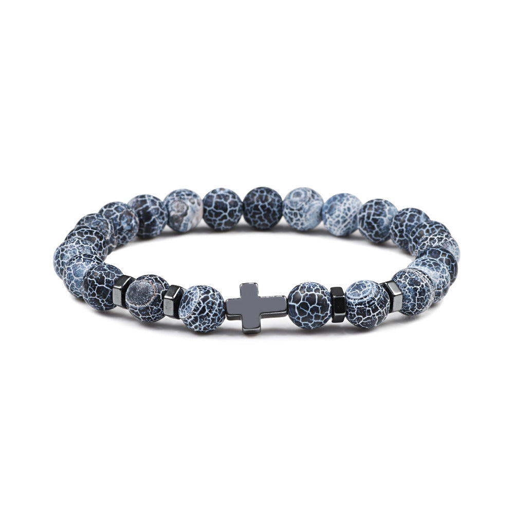 Men's Cross Spacer Bracelet Natural Stone8mm Tiger Eye Turquoise Bracelet Black Gallstone Volcanic Cross Bracelet