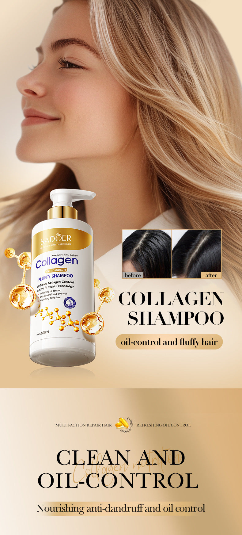 Collagen Anti-Dandruff Shampoo500ml SADOER Smooth Clean Fluffy Shampoo Wholesale