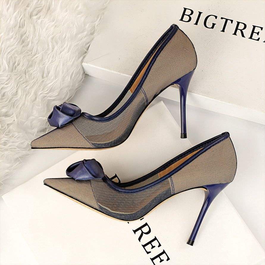 New Black Mesh High Heels Transparent Pure Desire Sexy Women Thin Heels Niche Hollow Pointed Flower Girl