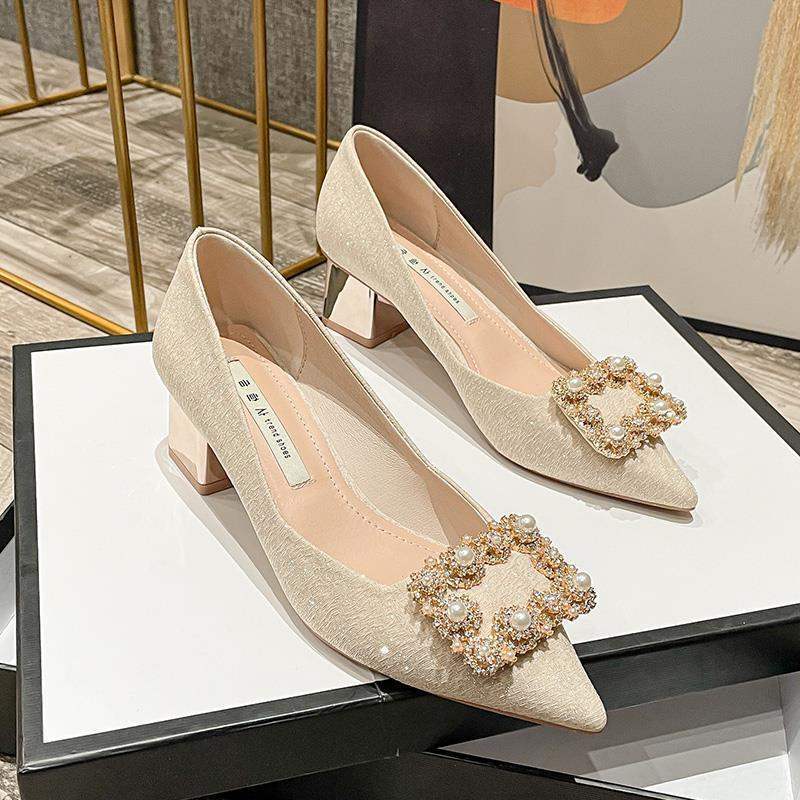 Pumps Women2025New Spring and Autumn Pointed Champagne Color Wedding Shoes Bride Shoes Autumn Bridal Thick Heel High Heels for Women