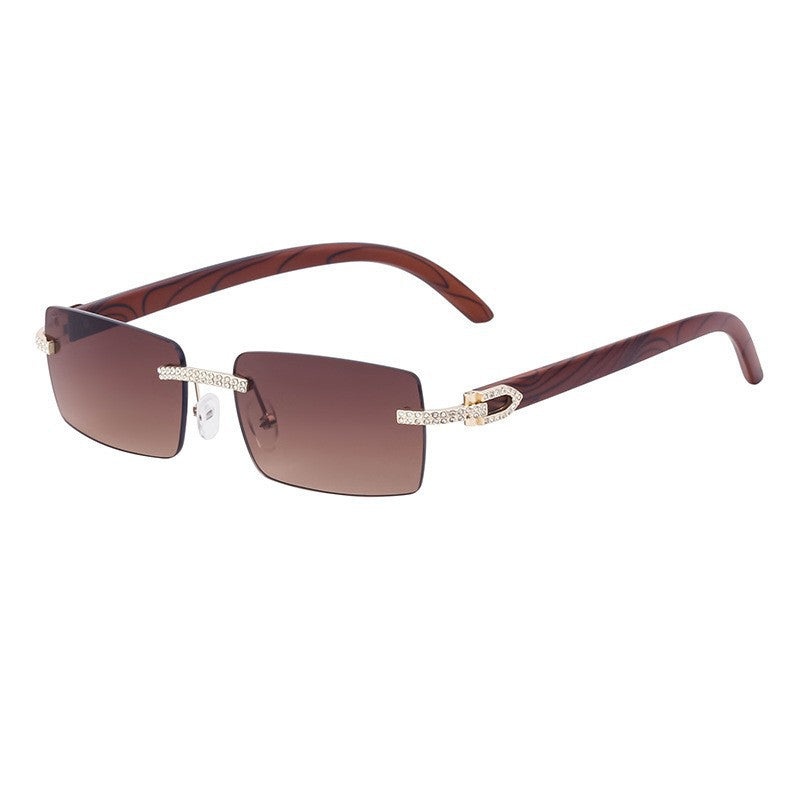 European and American Retro Frameless Men's Sunglasses with Diamond Inlay and Wood Grain Temples New Style Glasses Wholesale shades
