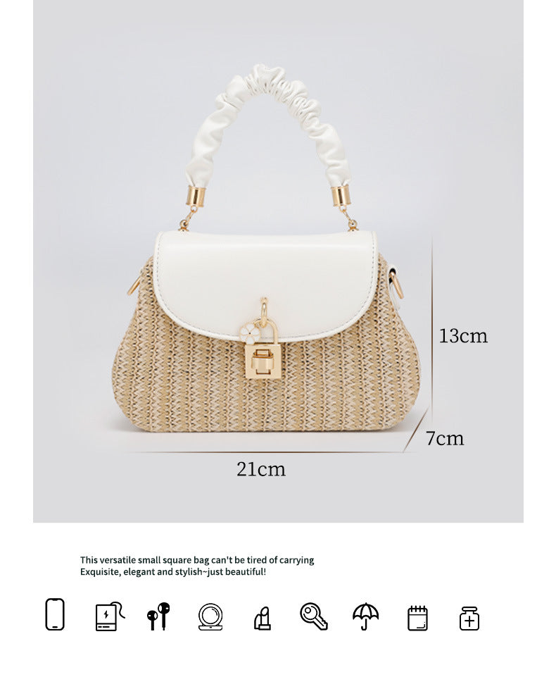 Summer New Style Straw Bag Fashion Box Bag Single Shoulder Crossbody Pleated Handbag Beach Vacation Ethnic Style Women's Bag