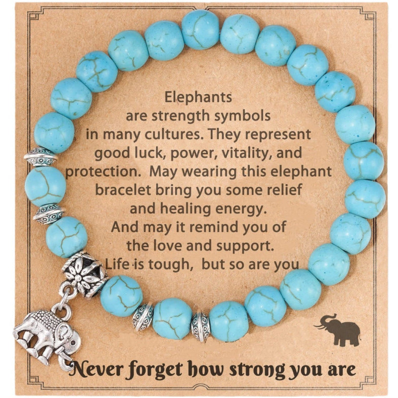 Women's Pink Zebra Stretch Bracelet Natural Stone8mm African Pine Agate Stone Elephant Pendant Bracelet