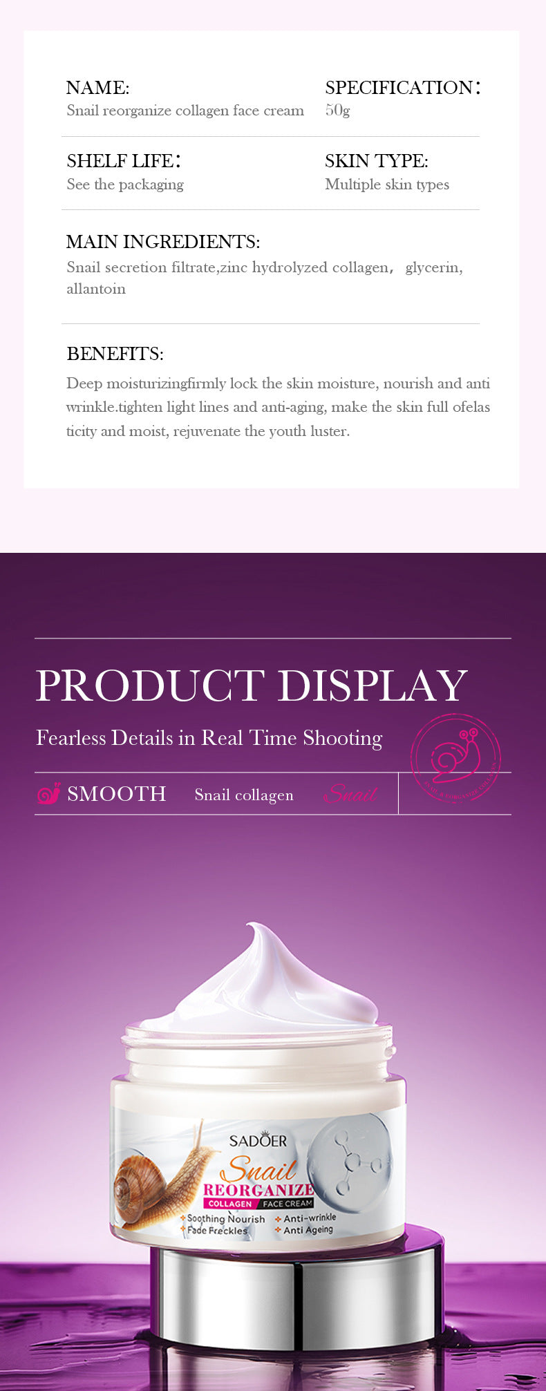 Snail Face Cream50g Collagen Hydrating Moisturizing Cream  Foreign Trade Wholesale