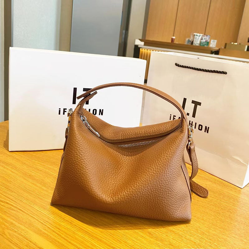 Women's Genuine Leather Bag2025New Style Lunch Box Bento Boston Bag Top Layer Cowhide Crossbody Niche Single Shoulder Crossbody