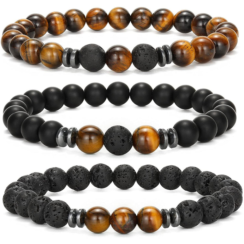 Volcanic Stone Black Frosted Stone Bracelet8mm Beaded Elastic Cord Men's Single Loop Tiger Eye Stone Volcanic Spacer Bracelet