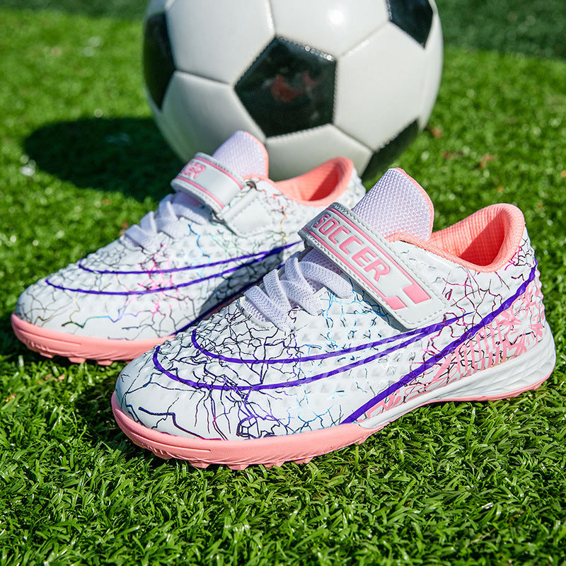 New Football Shoes for Men and Women, Children's Low-top Anti-collision Spike Magic Tape No-tie Grass Training Sports Shoes