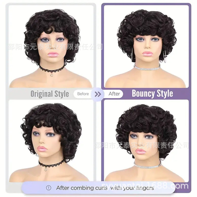 Bouncy Curly Human Hair Wig With Bangs Curly Synthetic Wigs
