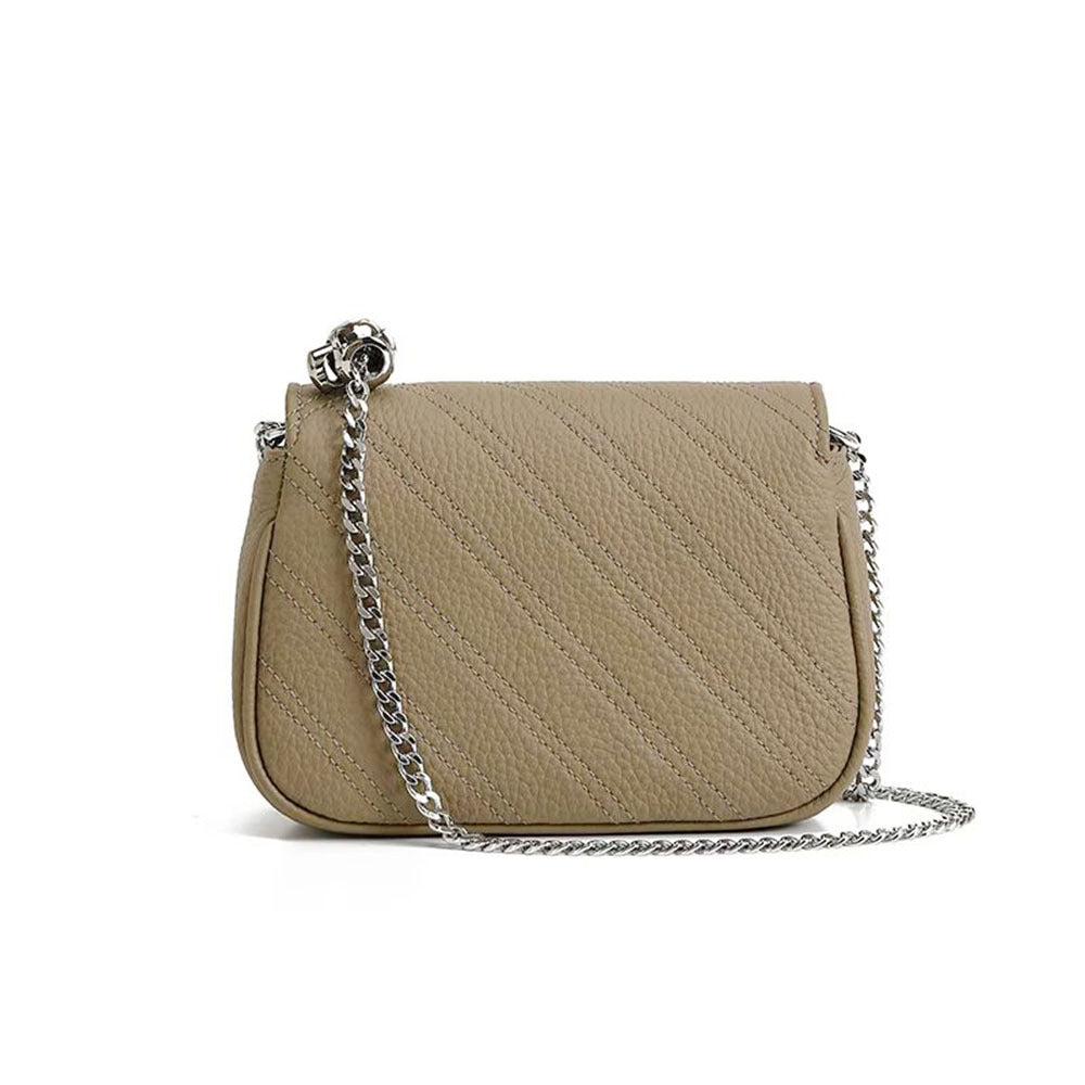 Genuine Leather Women's Bag New Metal Chain Small Square Bag Simple Versatile Chanel Style Single Shoulder Solid Color Embroidered Thread Crossbody Bag