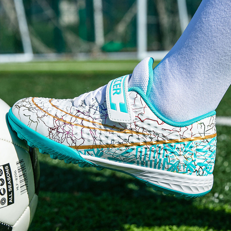 New Football Shoes for Men and Women, Children's Low-top Anti-collision Spike Magic Tape No-tie Grass Training Sports Shoes